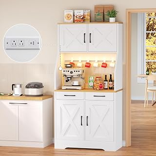 DreamDashio Pantry Cabinet with Adjustable Shelves and 3 Drawers, Tall Kitchen Pantry Storage Cabinet with LED Light & Charging Station, Kitchen Hutch with Microwave Shelf & 6 Hooks for Dining Room