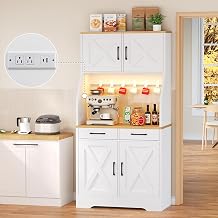 DreamDashio 73" Tall Pantry Cabinet with Charging Station & LED Light, Kitchen Pantry Storage Cabinet with Microwave Stand, Farmhouse Kitchen Hutch with 2 Storage Drawers and 6 Hooks for Dining Room
