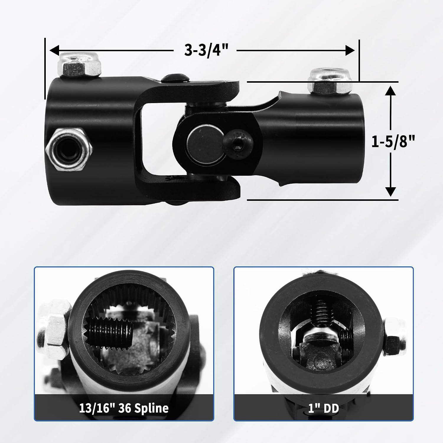 13/16" 36 Spline X 1" DD Single Steering Shaft Universal U Joint Coupling Black 3-3/4" Overall Length