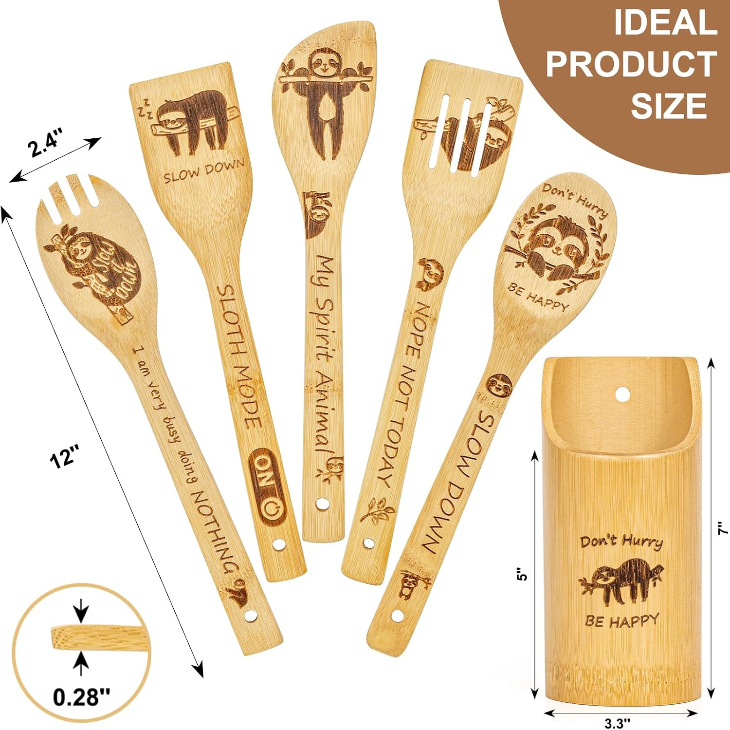 6PCS Sloth Gifts for Women, Engraved Bamboo Cooking Spoons with Holder