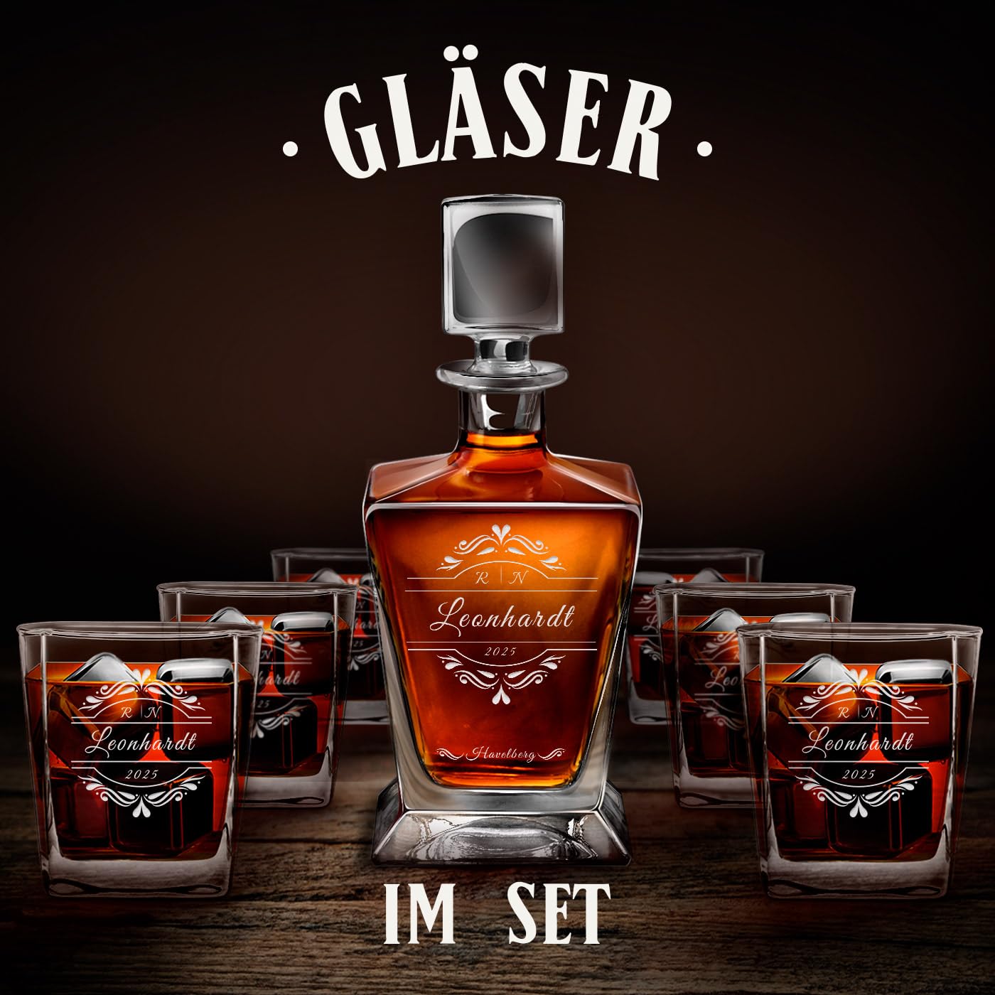 Maverton Pyramid Whiskey Karaffe 800ml + 6er Whiskygläser Set mit Gravur