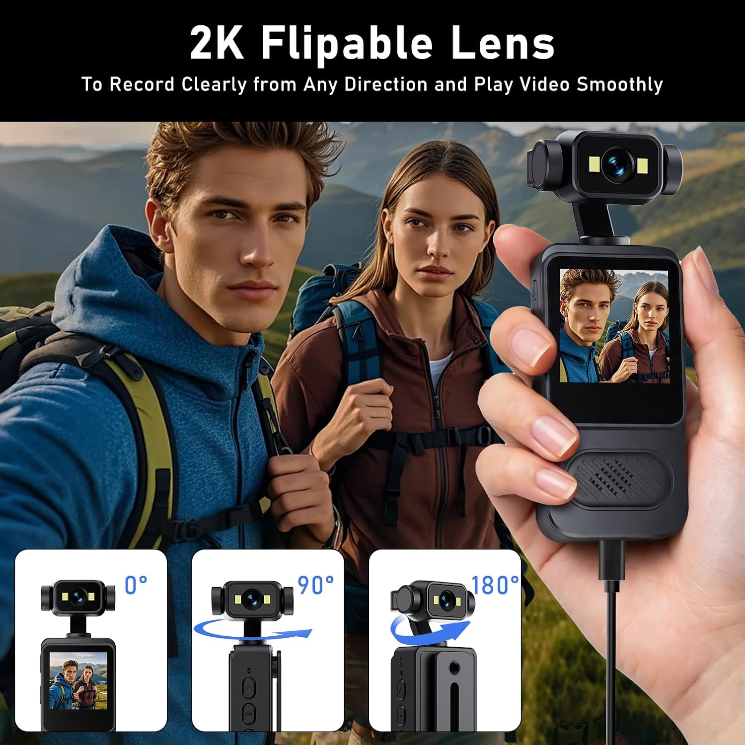 2K Body Camera with 180 Rotatable Lens, 1.54 inch Screen Wearable Video Recorder Bundle Includes 64GB TF Card, Card Reader, Lanyard, Motion Detection Loop Recording for Security