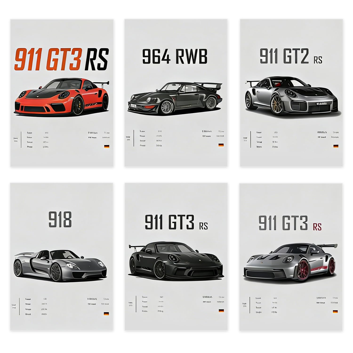 HIVTE Canvas Wall Art - Classic Sports Cars Collection - Set of 6-12x8 Inch - Man Cave Boys Room Decor
