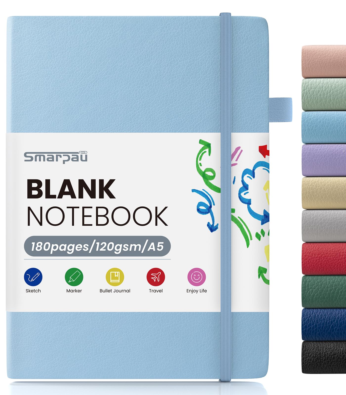Smarpau Plain Notebook A5, 180 Pages Hardcover Unlined Notebook with 120gsm Blank Paper, Thick Paper No Bleed, Leather Journal Notepad for Sketch Work School Travel, Blue