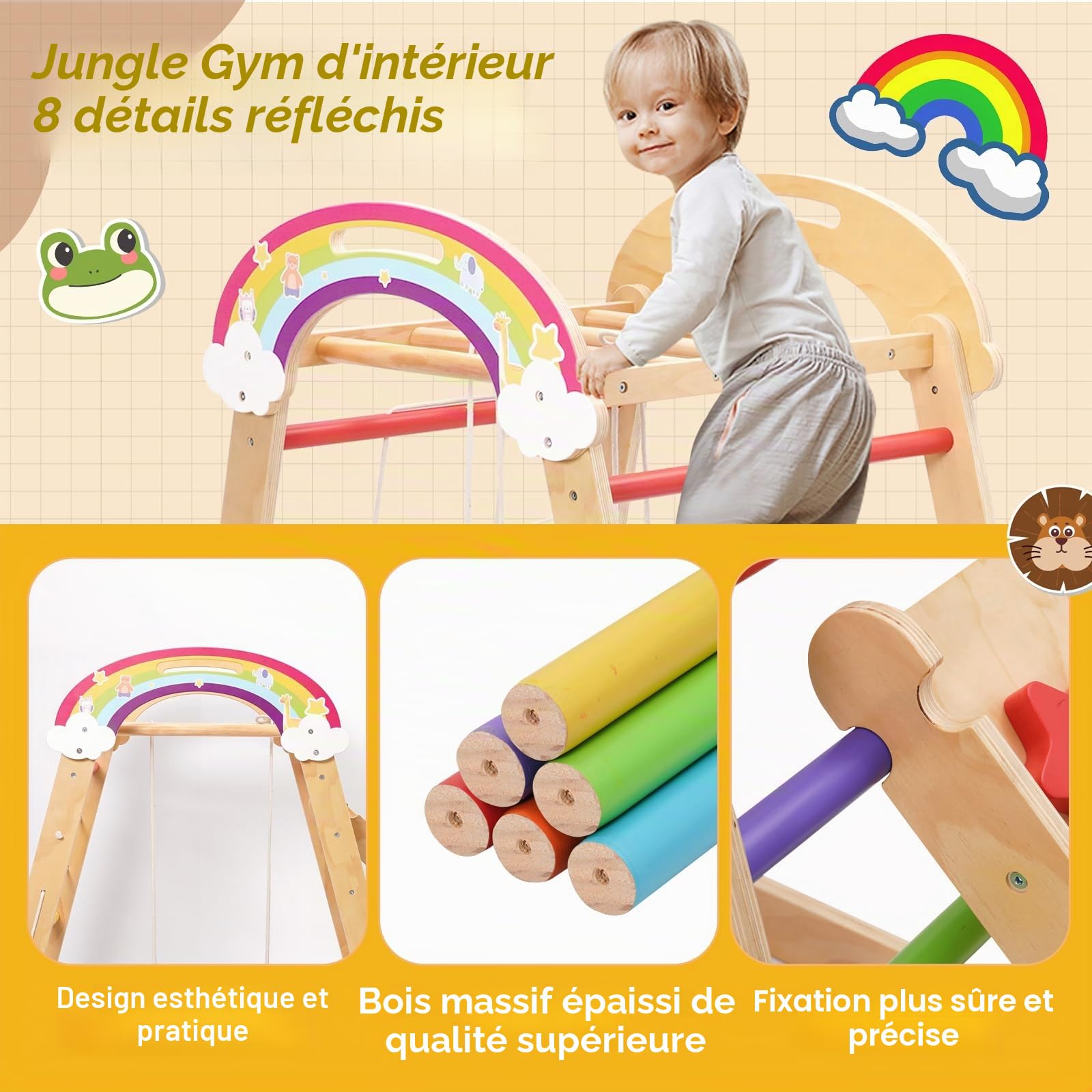 Structure d'escalade Montessori, aire de jeux d'intérieur 5 en 1 pour enfants, avec balançoire, arc, toboggan et corde d'escalade