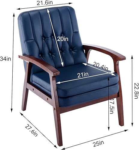 Miniatura 5 de Silla decorativa de piel sintética de mediados de siglo, sillón retro moderno con marco de madera maciza, sillón tapizado individual para sala de