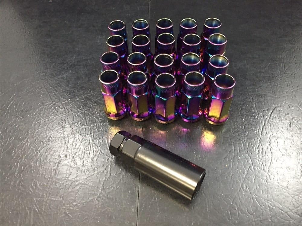 Customadeonly 20 Pieces Open End Extended Tuner Steel Neo Chrome Lug Nuts Key 48mm 1.89" Thread Pitch 12x1.5mm Hex 17 Conical Cone Seat