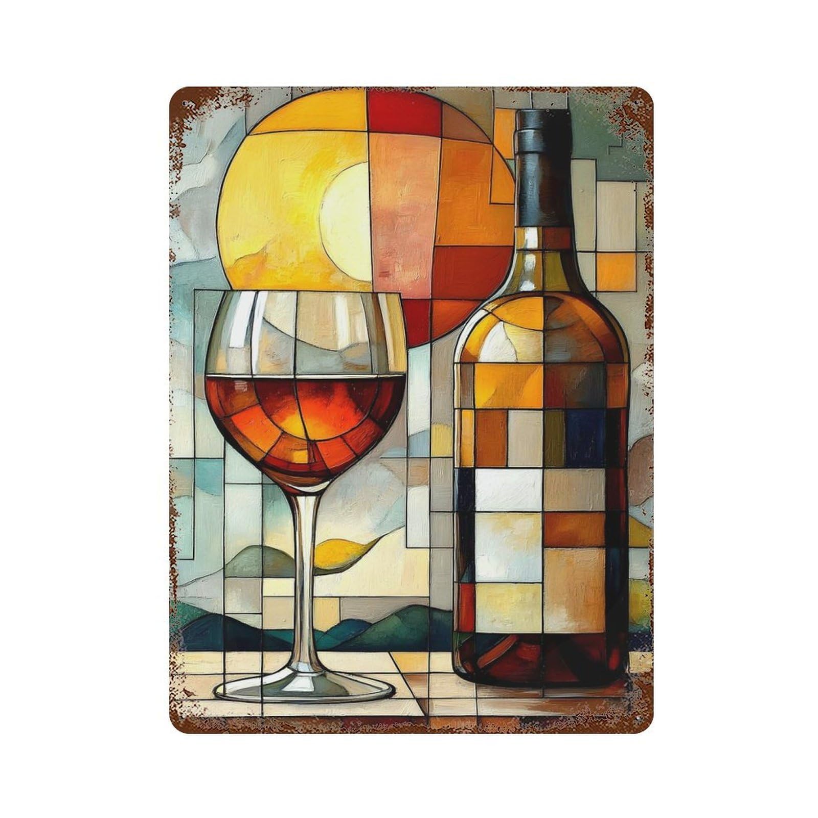 Retro Metal Sign with Wine And Sunset Design 15.7"x11.8", for Pub, Kitchen And Man Cave Decor, Rustic Home Decor