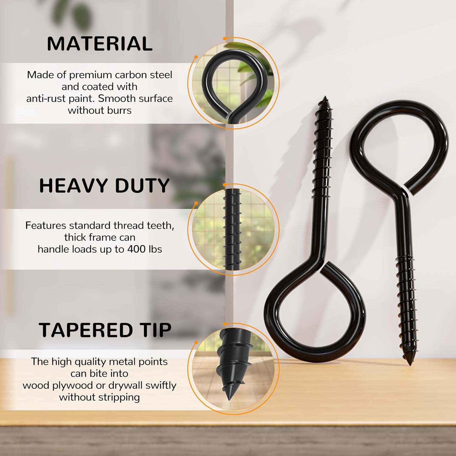 4 Pack 5 Inch Eye Bolts Screw in Hooks, Heavy Duty Black Large Screw in Eye Hooks, Eye Hammock Stand Hooks Screw for Hanging, Tie-Downs, Heavy Indoor & Outdoor Uses - Image 3