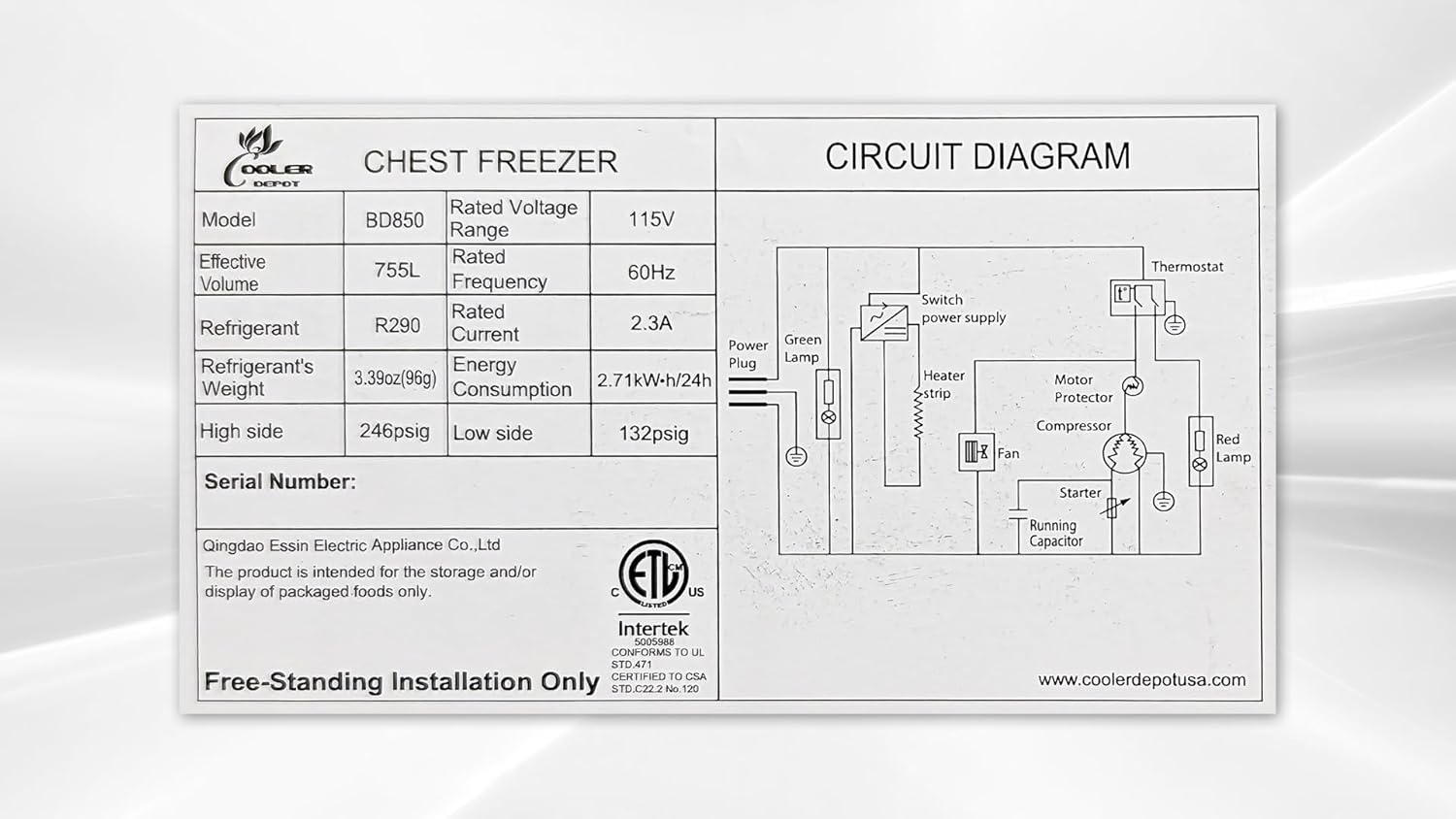 Cooler Depot BD850 Chest Freezer Control Panel