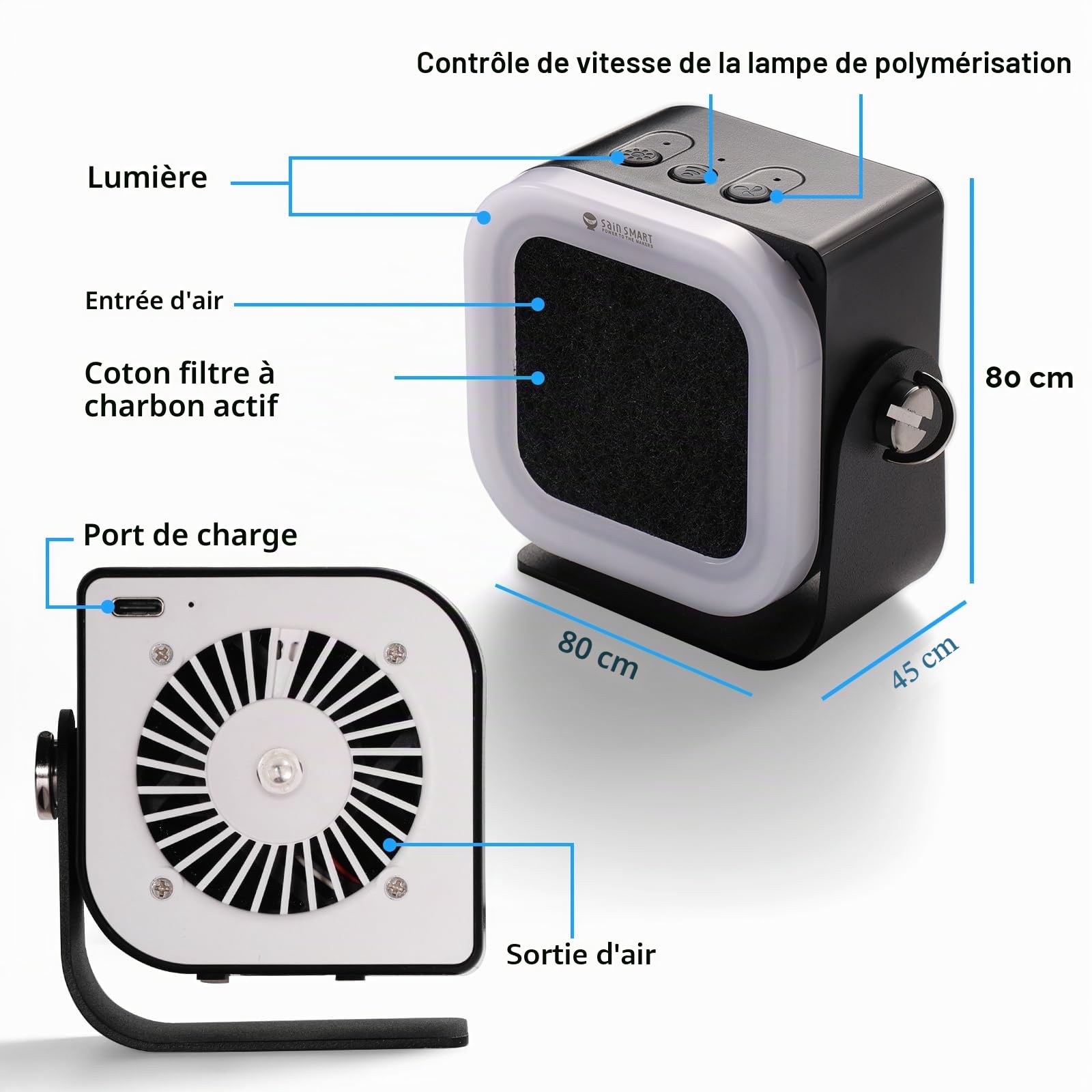 SainSmart Mini extracteur de vapeur de soudure, absorbeur de fumée CSE01 avec contrôle à 3 vitesses 10 000 tr/min et filtre à charbon actif, rechargeable de type C, purificateur de fumée portable de