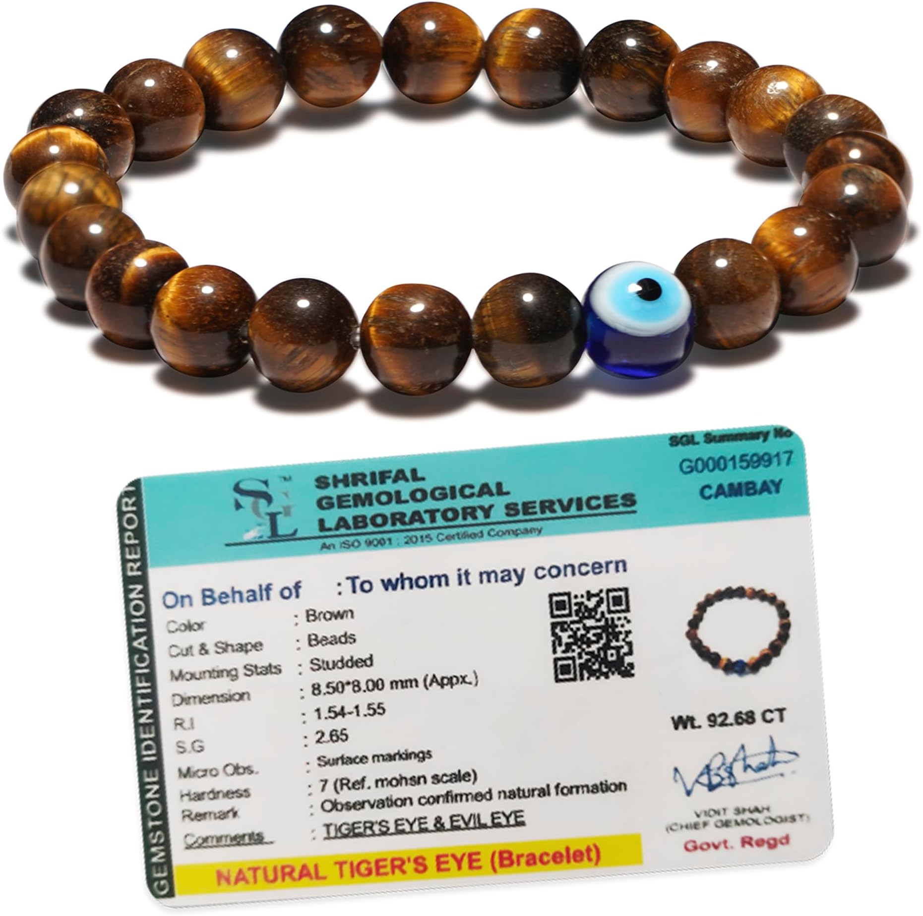 SOLAVA Original Tiger Eye Bracelet for Woman and Men with Evil Eye and Lab Certificate - Natural Energised Brown beads Bracelet for Courage, Protection and Will Power - 8MM Beads, standard, tiger eye