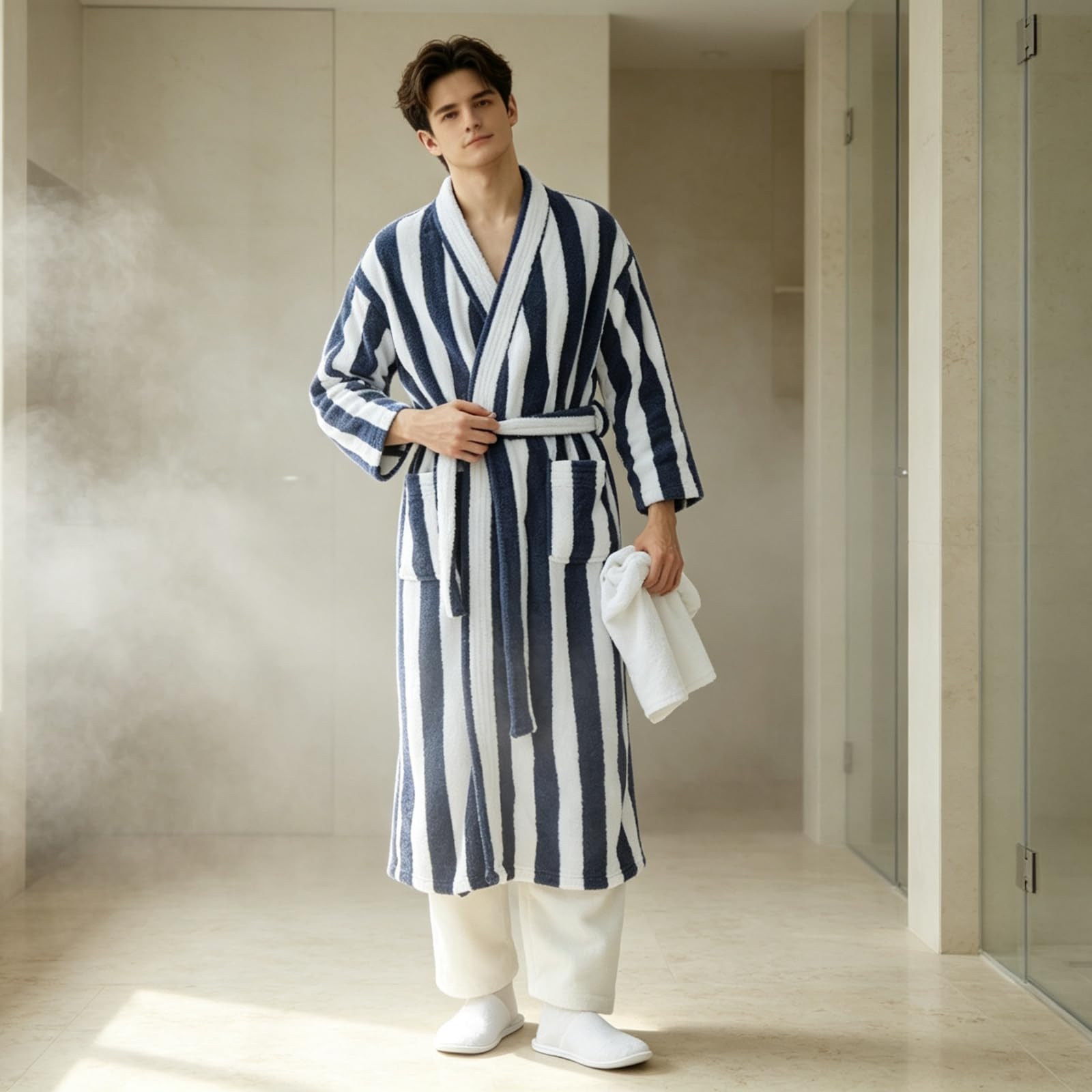 Kimono da uomo in spugna, a righe, soffice, con tasche, per la casa
