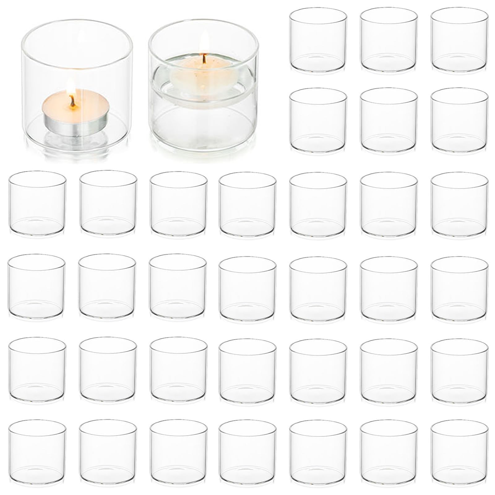 Romadedi Portavelas de cristal transparente para velas de té, juego de 36 velas votivas flotantes, centro de mesa, boda, fiesta, decoración de Navidad, 5,7 x 5 cm