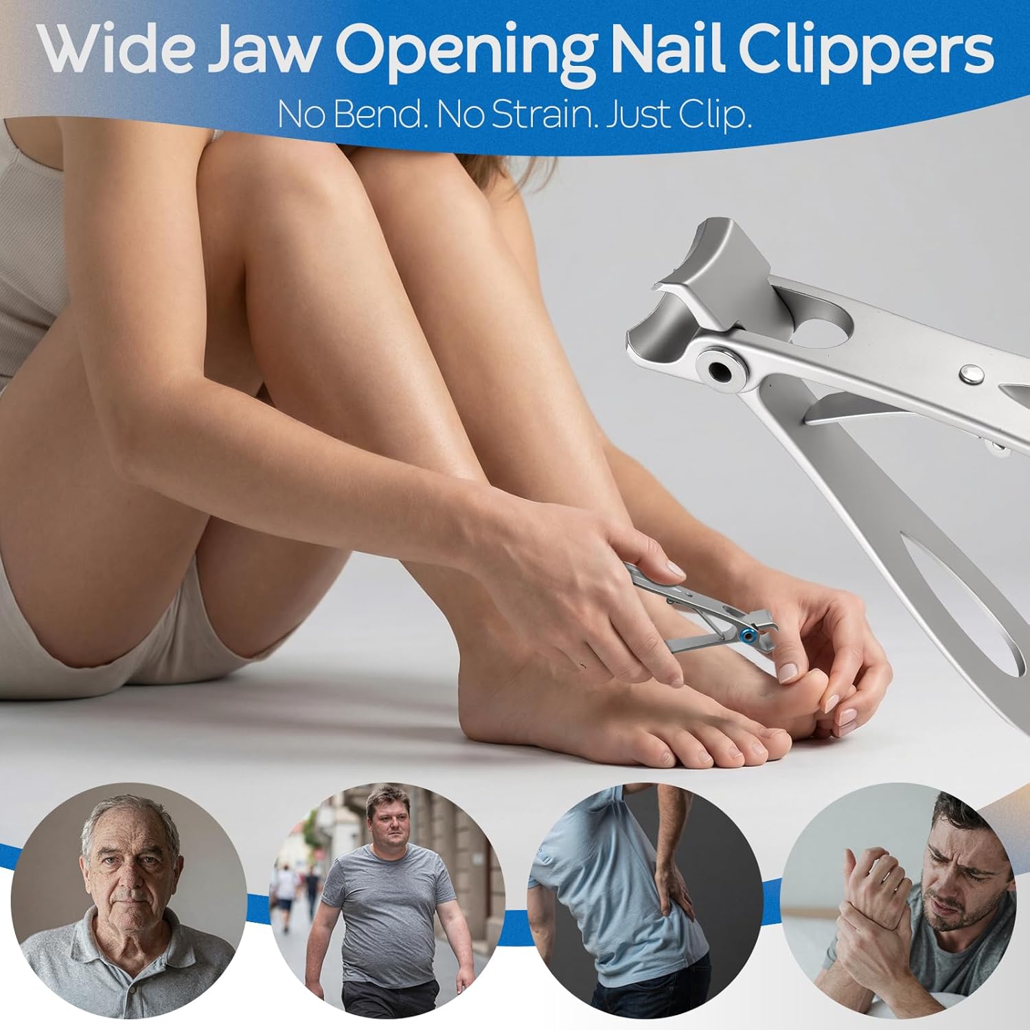 5Pcs Ingrown Toenail Removal Kit, Thick Toenail Clippers for Seniors, Heavy Duty Toenails Clippers for Men, Slanted Nail Clipper with Long Handle, Angled Head Toe Nail Clipper Senior Gift (Silver)
