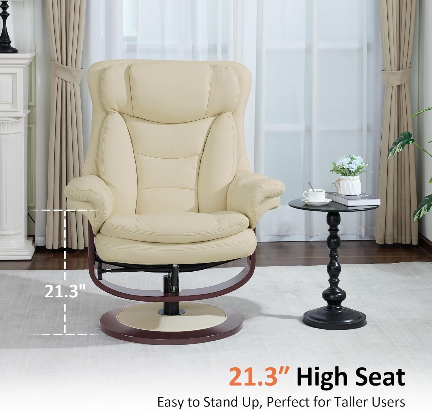 MCombo Oversized Swivel Recliner Chair with Ottoman, Adjustable Backrest, 360° Wood Base, High Seat, Faux Leather Lounge Chair for Tall Users in Living Room Office 4651 (Cream White)