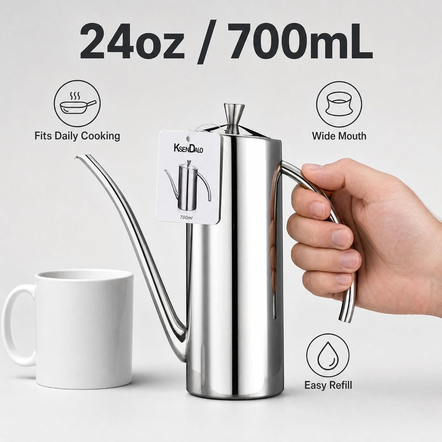 KSENDALO Premium Stainless Steel Olive Oil Dispenser (24oz/700mL) - Leakproof Kitchen Cruet & Olive Oil Bottle with Ergonomic ONE-Piece Body, Long Narrow Spout for Precision Pouring & Arc Handle image 3