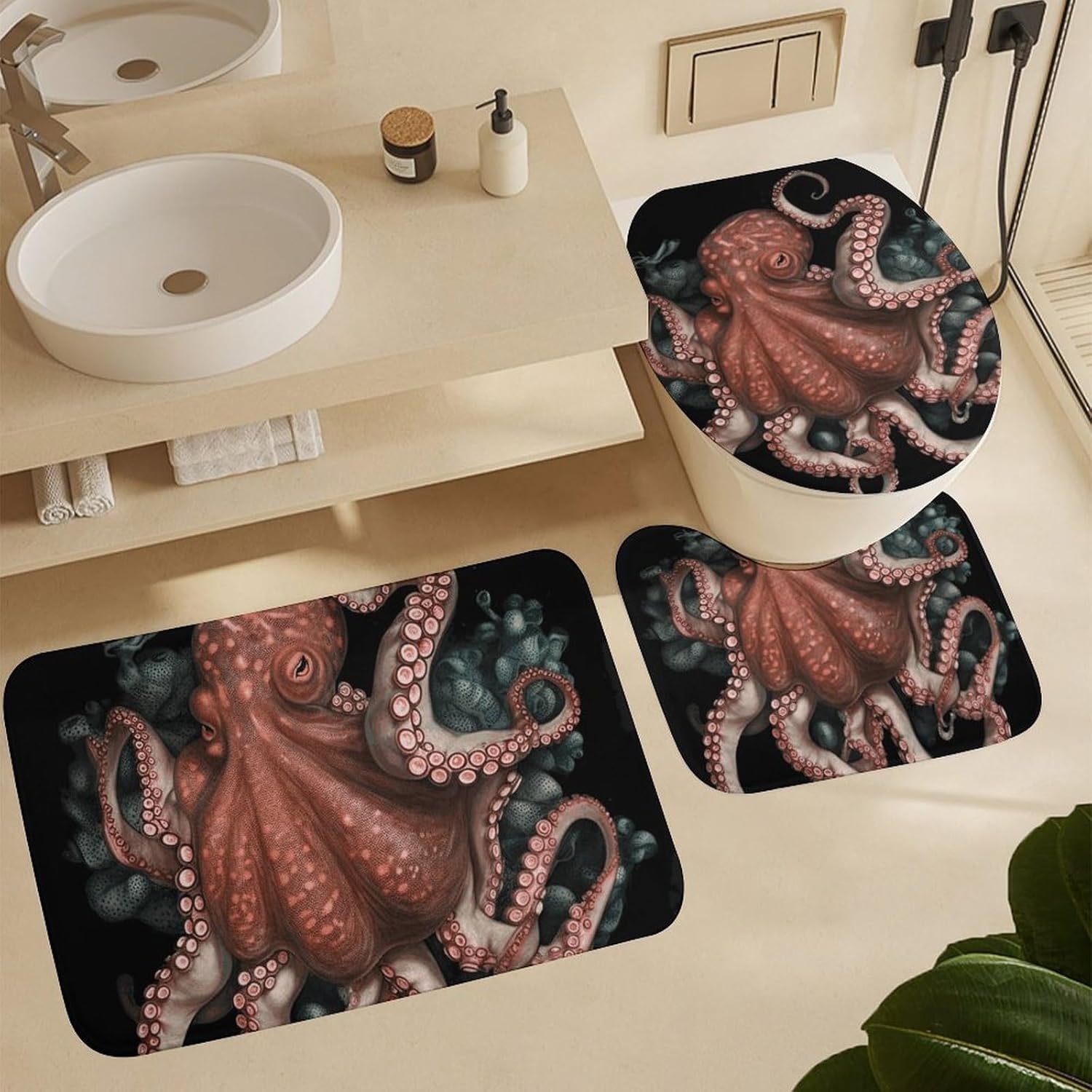 Octopus Intertwined Shower Curtain Set 4 Piece, Non-Slip Bath Mat with Toilet Lid Cover and Waterproof Shower Curtain with 12 Hooks, Complete Bathroom Set for Home Decor