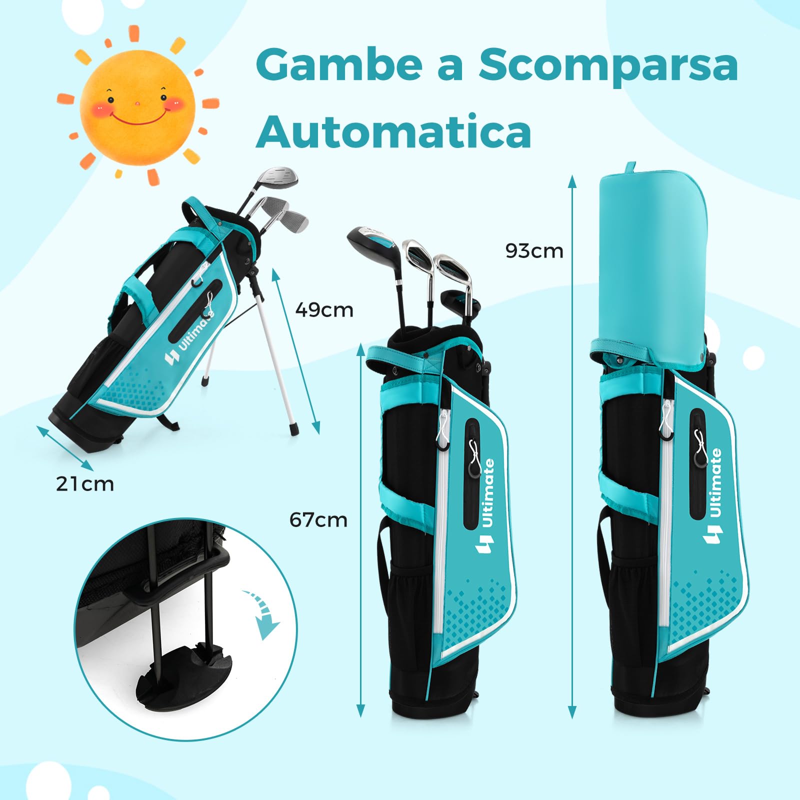 COSTWAY Set di Mazze da Golf per Bambini 8-10 Anni, Set Allenamento Golf con Sacca da Golf, Fodera Impermeabile, Driver 1, Ferro 7, Ferro S e Putter per Bambini e Bambine, Destrorso