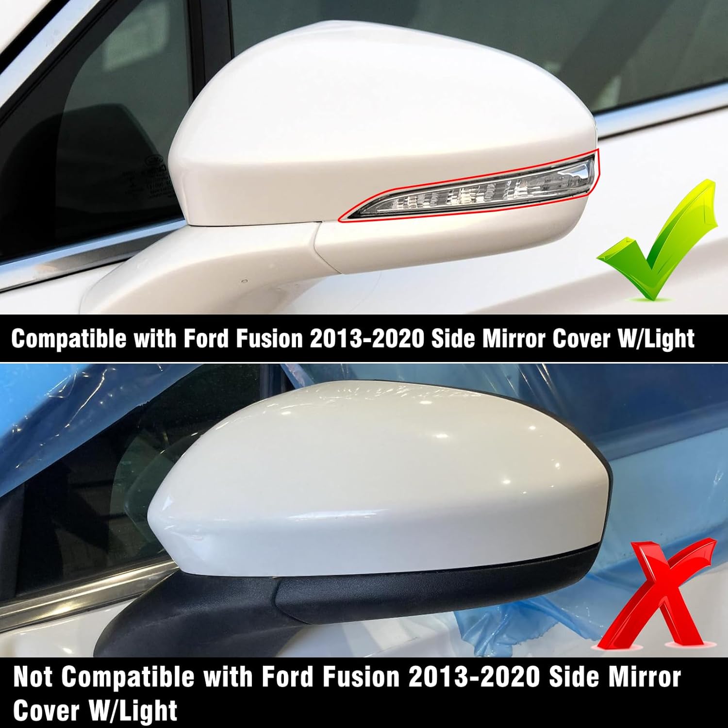 Compatible with Ford Fusion Side Mirror Cover Cap 2013 2014 2015 2016 2017 2018 2019 2020, Clip-on Driver Side Mirror Caps Replacement W/Turn Light Glossy Black - Left