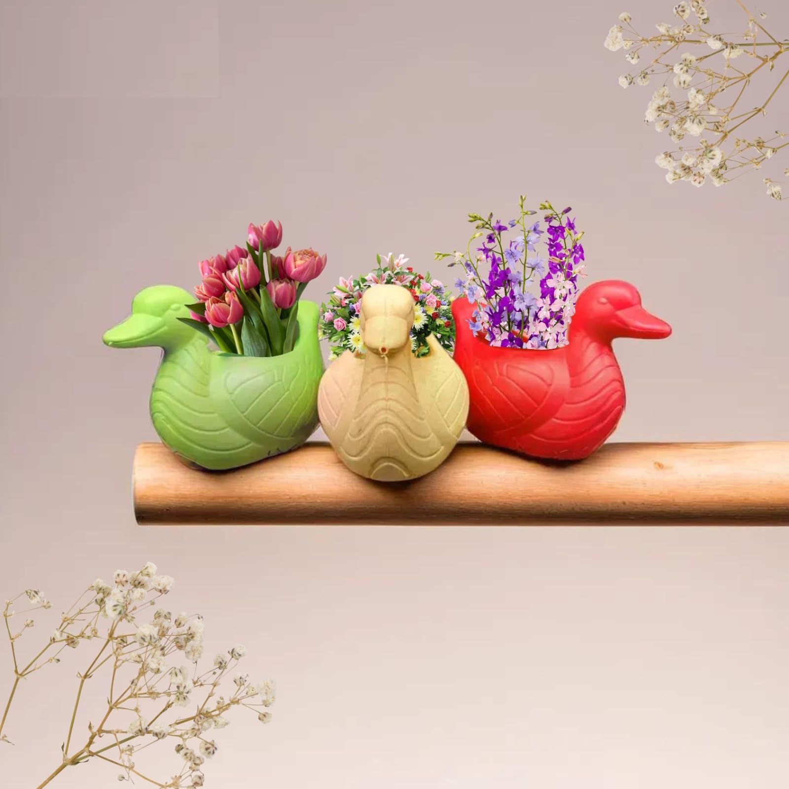 AWESTAR INCORPORATION Duck Shape Pot Plastic Flower Pot Brighten Your Garden with Vibrant Blooms | Red,Beige,Green (Pack of 3)