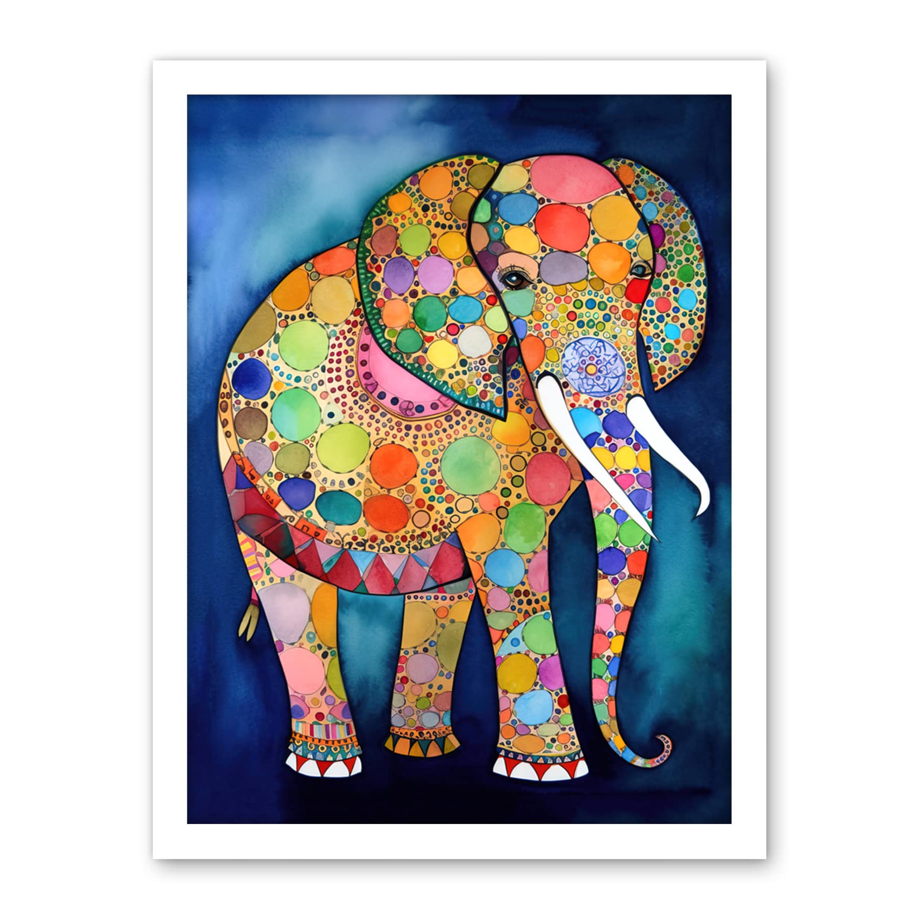Artery8 Elephant With Patterns Folk Art Watercolour Painting Artwork Framed Wall Art Print 18X24 Inch