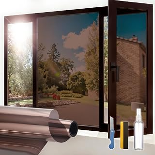 Window Privacy Film One Way Daytime Privacy Static Cling, Mirror Vinyl Roll Heat Control Anti UV Window Tint for Home and Office,Non-Adhesive Window Film,Tea Silver, 17.5" x 78.7"