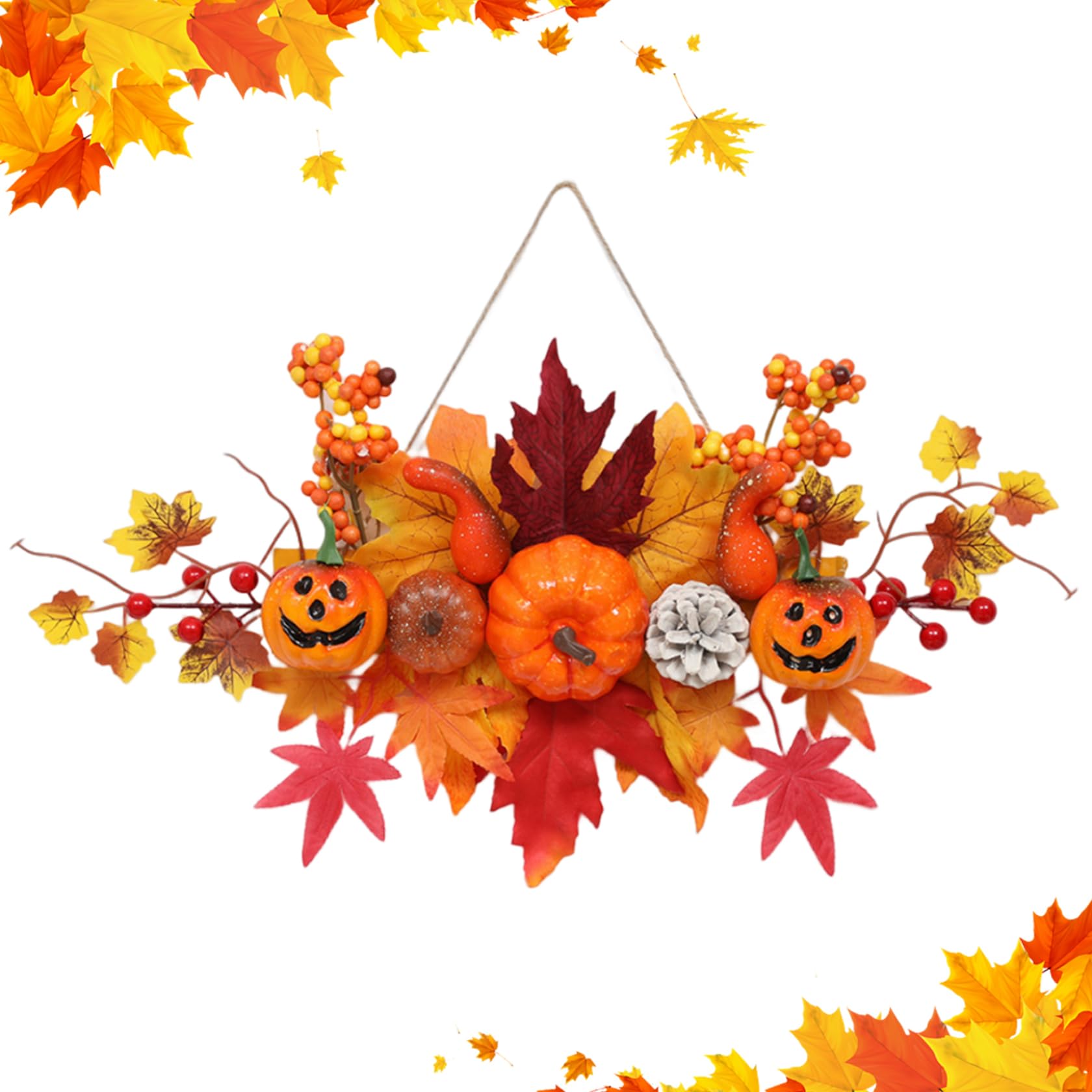 Grsrkep Fall Wreath Pumpkin Maple Leaf Halloween Wreath for Front Door Autumn Door with Hanging Rope for Thanksgiving Halloween Decorations