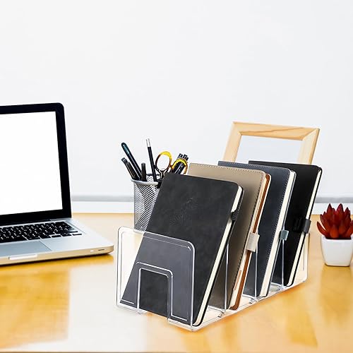 Miniatura 5 de Paquete de 4 clasificadores de archivos acrílicos, organizador de carpetas de archivos de escritorio transparente de 4 secciones, estante grueso de