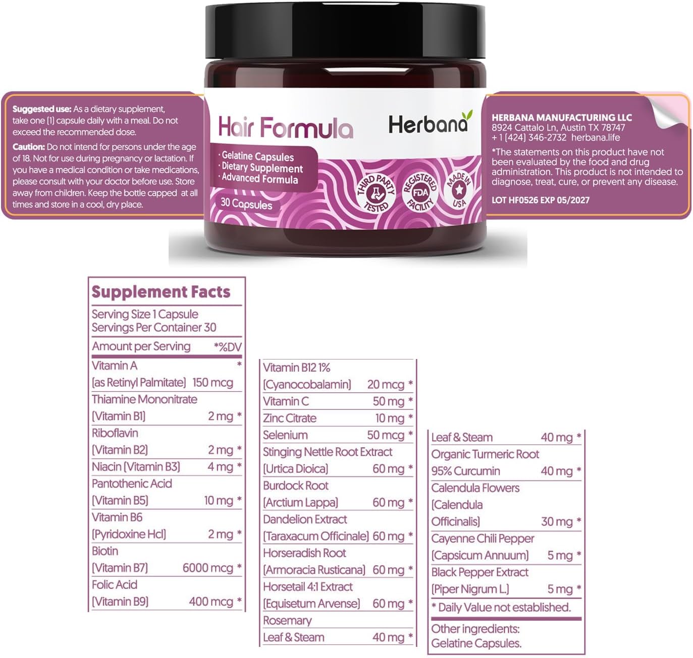 HERBANA MANUFACTURING Hair Formula - Hair Growth Support Supplement with 6000 mcg Biotin, Zinc, Selenium and B Vitamins - Supports Thick Healthy Hair, Skin and Nails - 30 Capsules