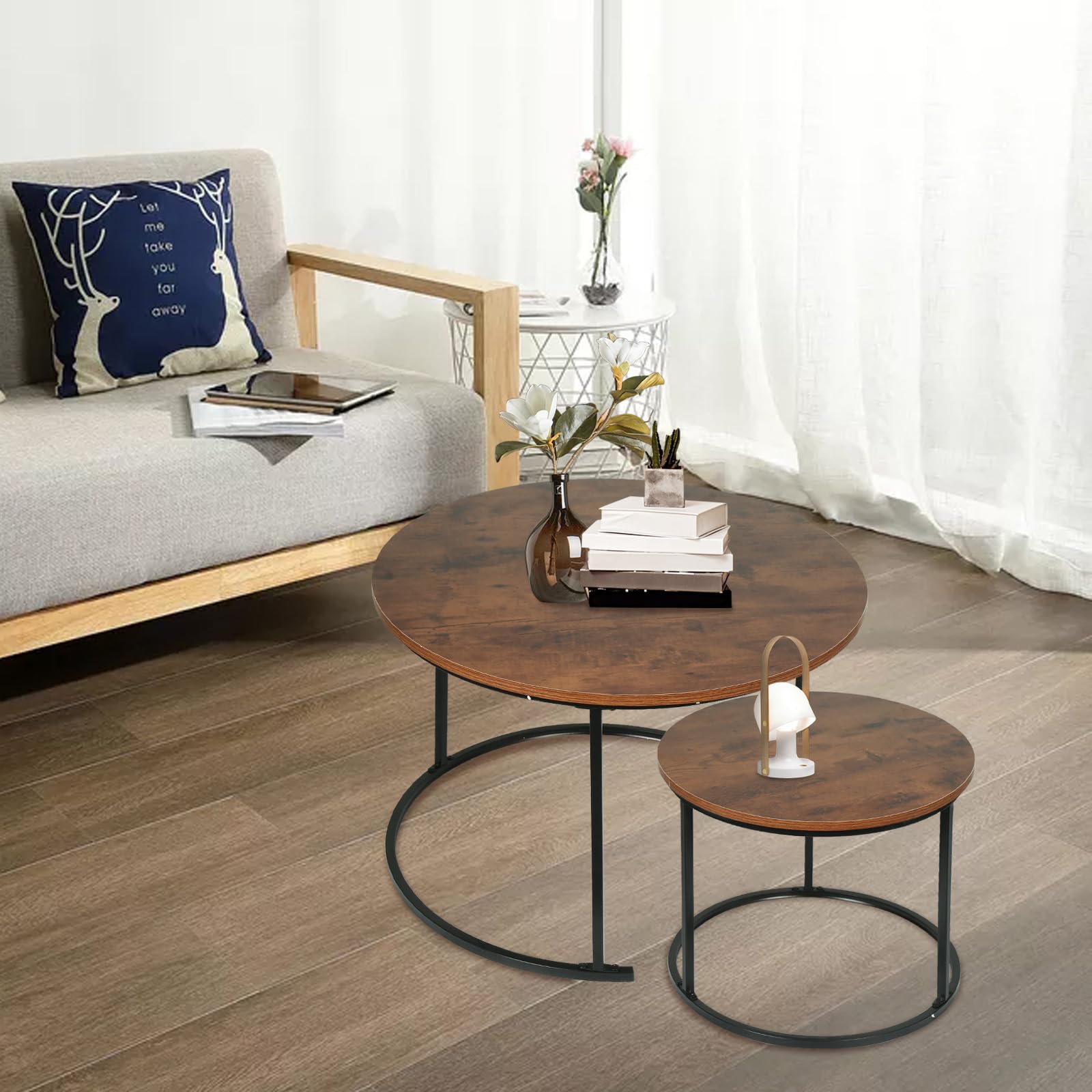 OHMG Lot de 2 Tables Basses gigognes,Table Basse Ronde,Empilable,Design Industriel,Table Basse de Salon,Pieds en métal,Tables de d'appoint,70/50CM Effet marbre (Bois foncé+Noir-70 * 70 * 45cm)