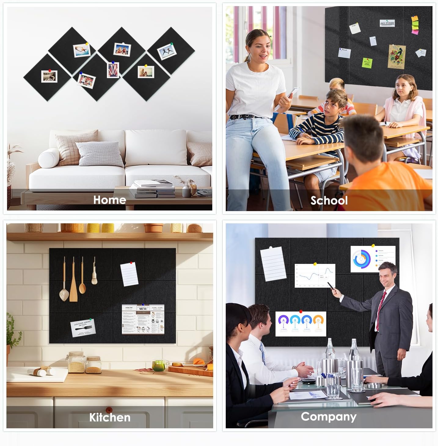 Cork Boards for Walls 48" x 36" – 12 Pack Felt Bulletin Board Tiles with Adhesive, Large Pin Board for Office, Home & School, Wall Mounted Notice Board with Push Pins, Black