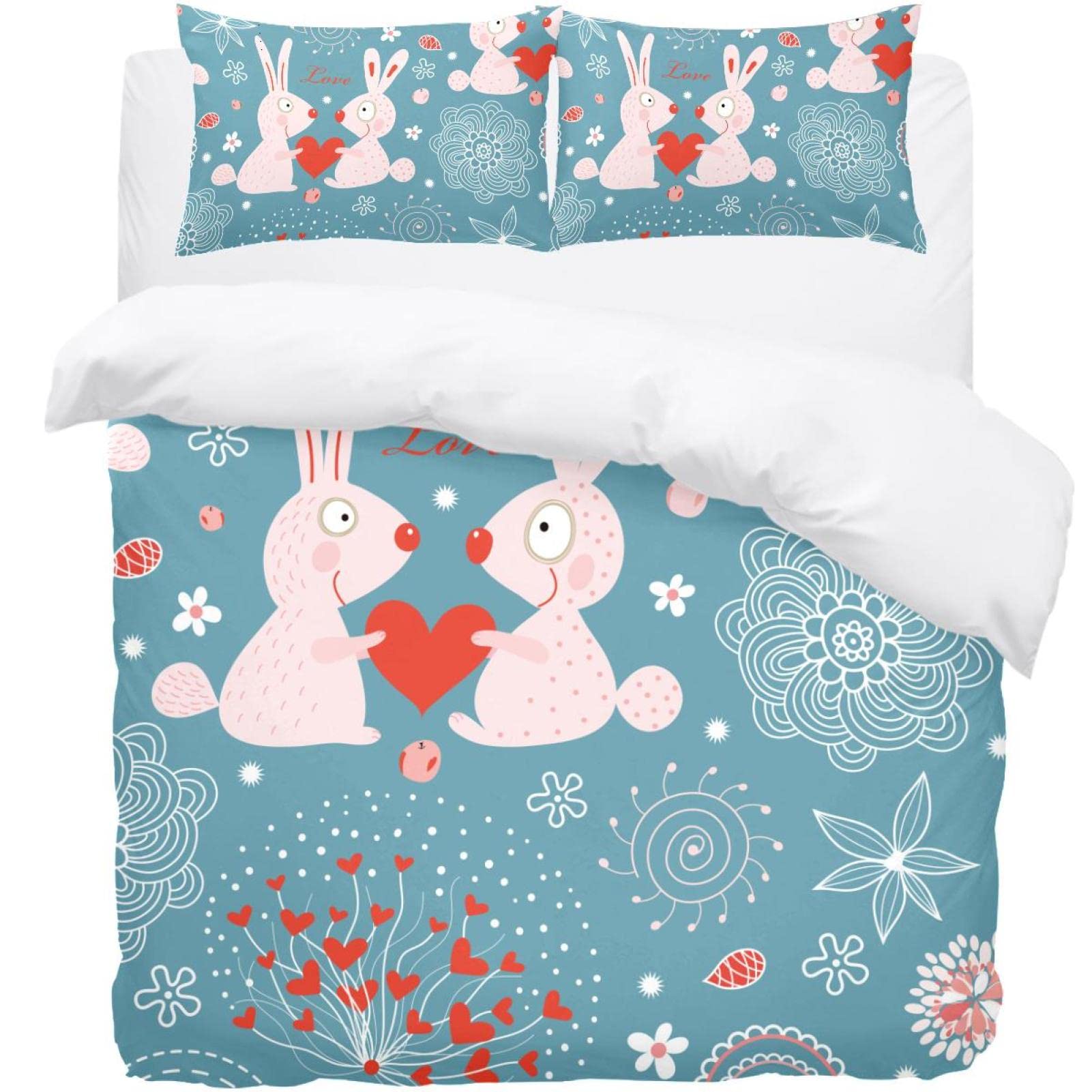 Housse de couette douce au toucher microfibre avec son motif lapin et ses 2 taies d'oreiller