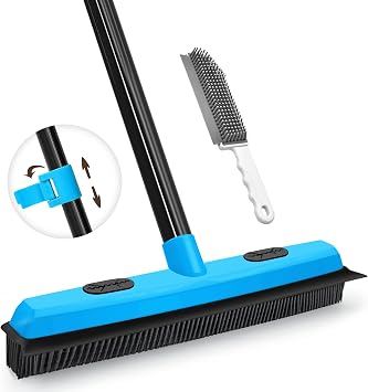 JEHONN Rubber Broom Carpet Rake Brush for Pet Hair with Squeegee, 52.8 inches Long Handle Silicone Fur Scraper Removal Tool with Detailing Lint Comb for Rug, Tile, Hardwood Floor Cleaning Blue