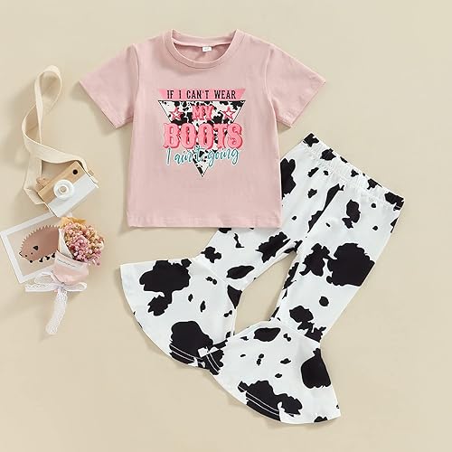 Miniatura 2 de fhutpw Conjunto de camiseta de manga corta con estampado de vaca y pantalones acampanados de dibujos animados para niñas pequeñas