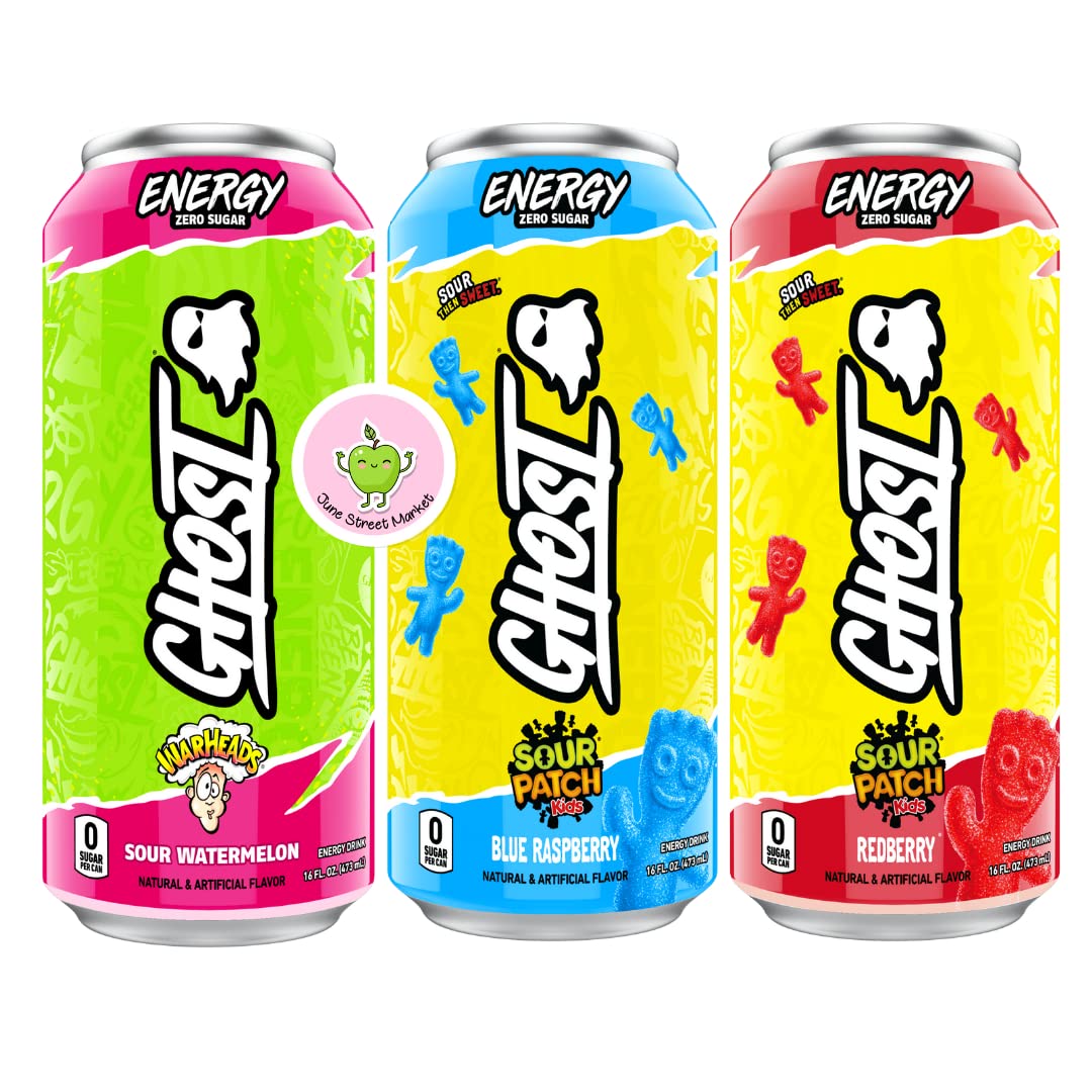 Energy Drinks 16 Ounce Cans (Sour Variety Pack, 3 Flavors, 3 Cans Total) Sour Patch Blue Raspberry, Sour Patch Rad Red, Warheads Sour Watermelon, with a June Street Market Kawaii Sticker