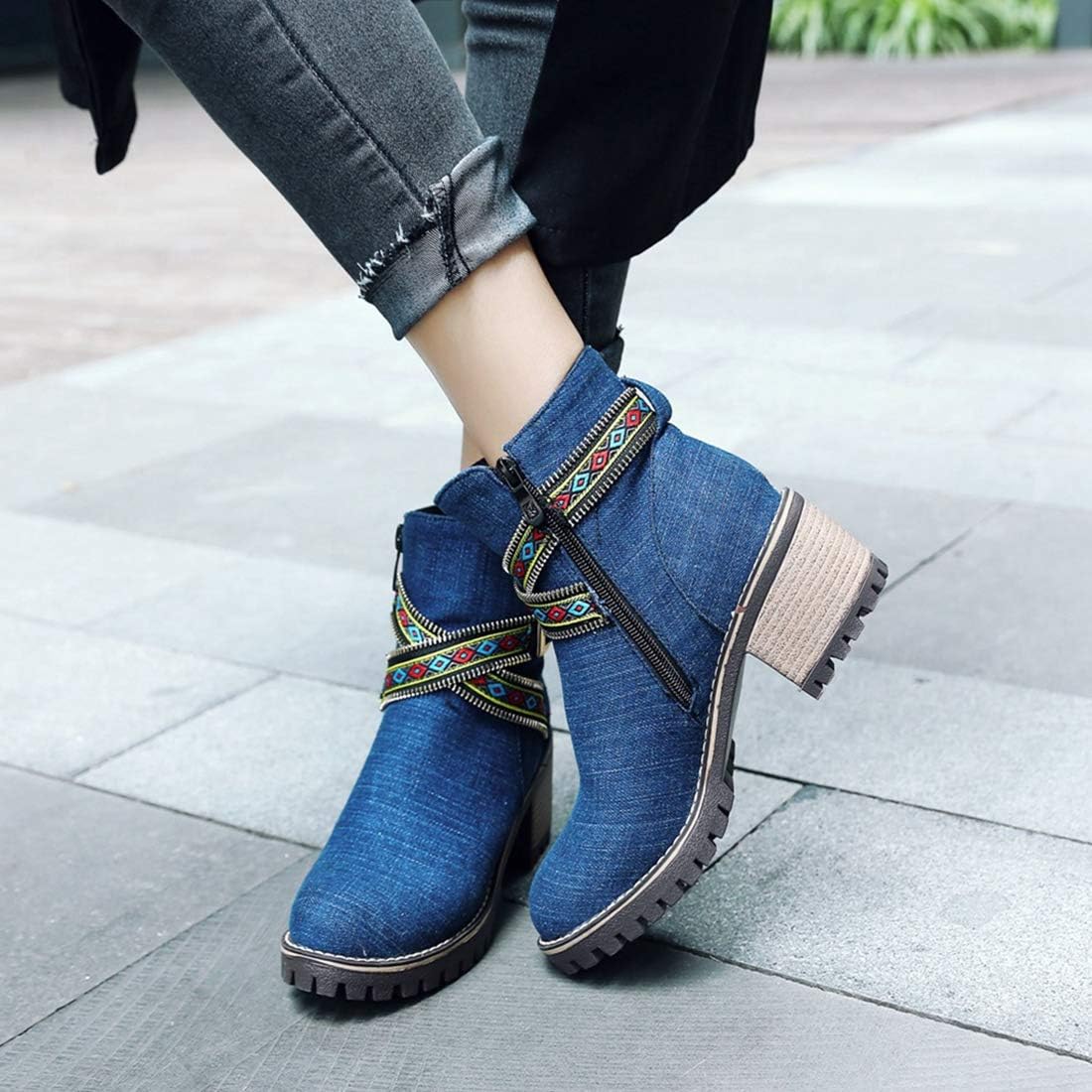 VOKLIN Women's Fashion Denim Dressy Ankle Booties Round Toe Ethnic Zipper Stacked Mid Heel Riding Short Boots