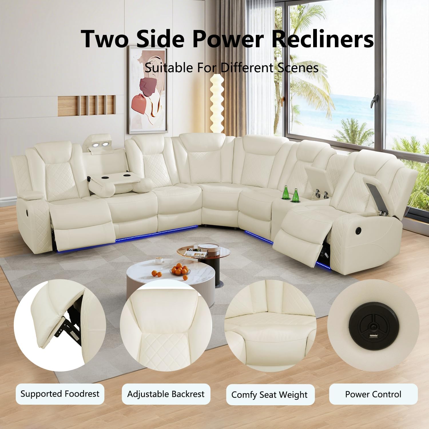 Power Recliner Sectional Couch Set, Leather Reclining Sofa and Loveseat Set, L-Shaped Sectional Living Room Furniture with USB Port/Storage/Cup Holders (Creamy White, Sectional+Loveseat)