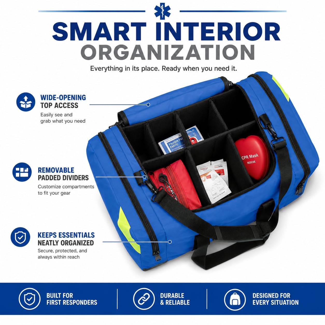 NOVAMEDIC Bolsa médica vacía azul de primeros auxilios para traumatismos, 21 x 15 x 5 pulgadas, transportador de primeros auxilios con múltiples compartimentos para EMT, paramédicos, emergencia y kit