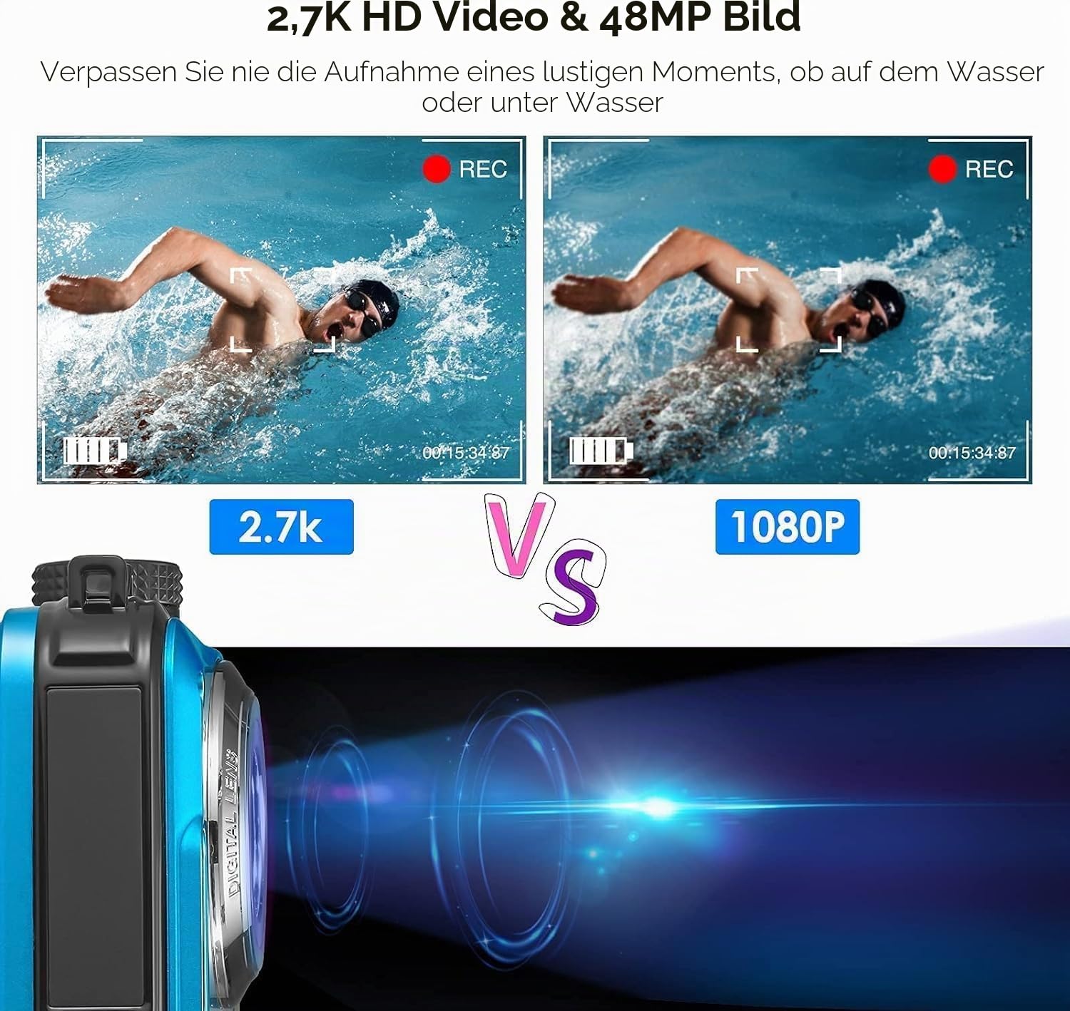 Unterwasserkamera, wasserdicht, Full HD 2,7 K, 24 MP, Digitalzoom, 16-fache Kamera, mit Doppelbildschirm, für Jugendliche, Schüler, Anfänger, Blau