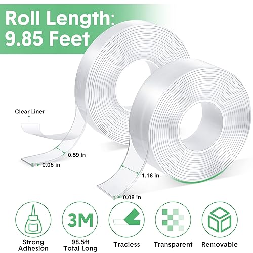 Miniatura 2 de Thenshop 20 rollos de cinta adhesiva de doble cara resistente de 0.59 pulgadas + 1.18 pulgadas en total 98.5 pies de cinta adhesiva de dos caras