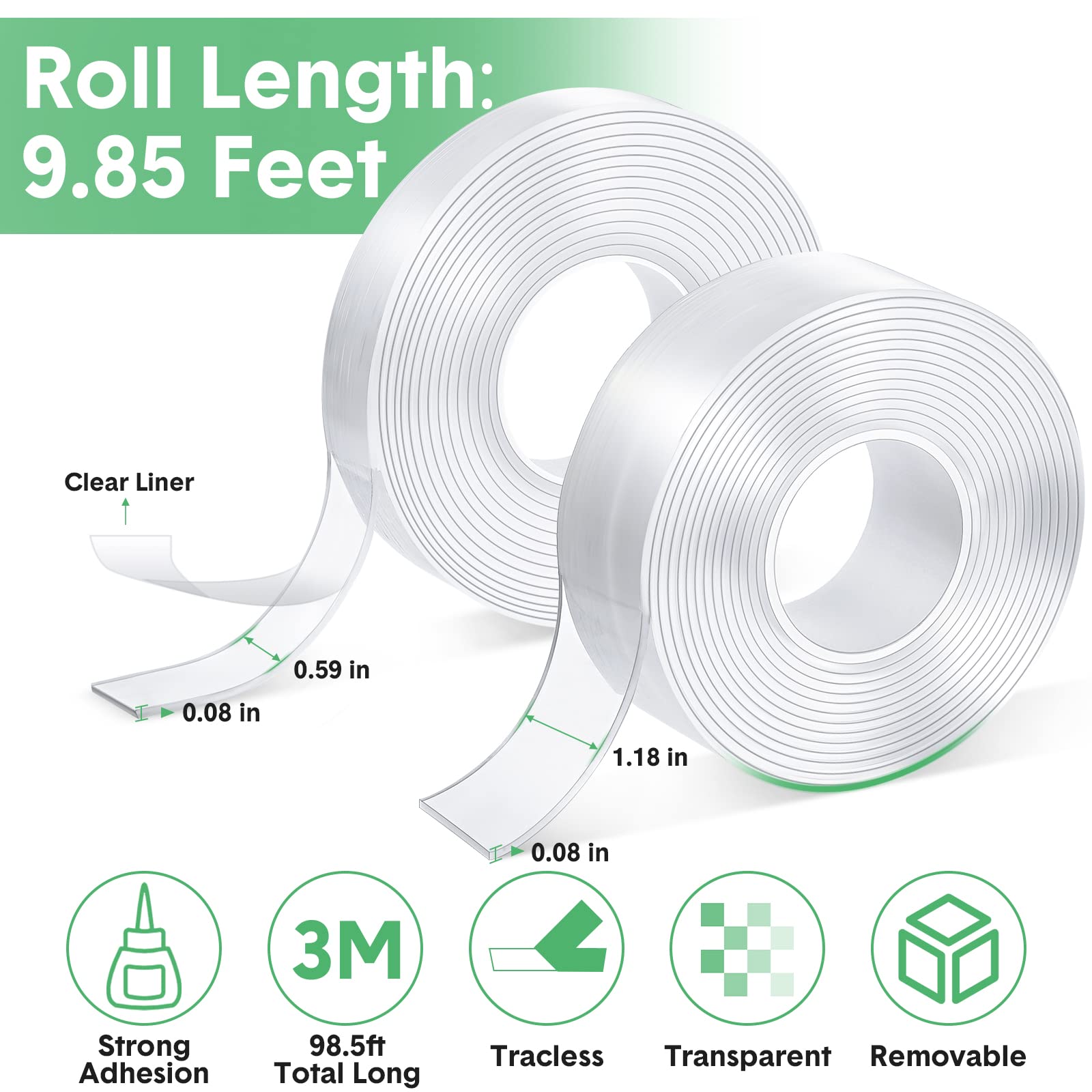 Thenshop 20 rotoli di nastro biadesivo resistente, 1,5 cm + 3 cm in totale 30 m, nastro biadesivo trasparente, fai da te, per pareti, tappeti, foto, poster, decorazioni per feste