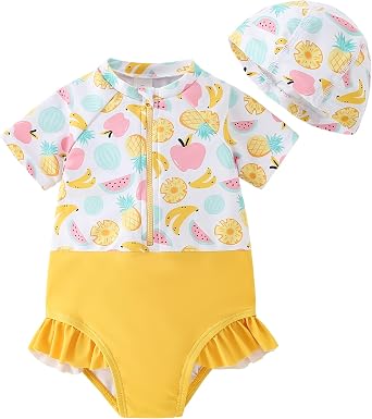 AIWUHE Toddler Girls One Piece Swimsuit Ruffle Rash Guard Zipper Bathing Suit Short Sleeve Swimwear with Hat UPF 50+ 1-5T