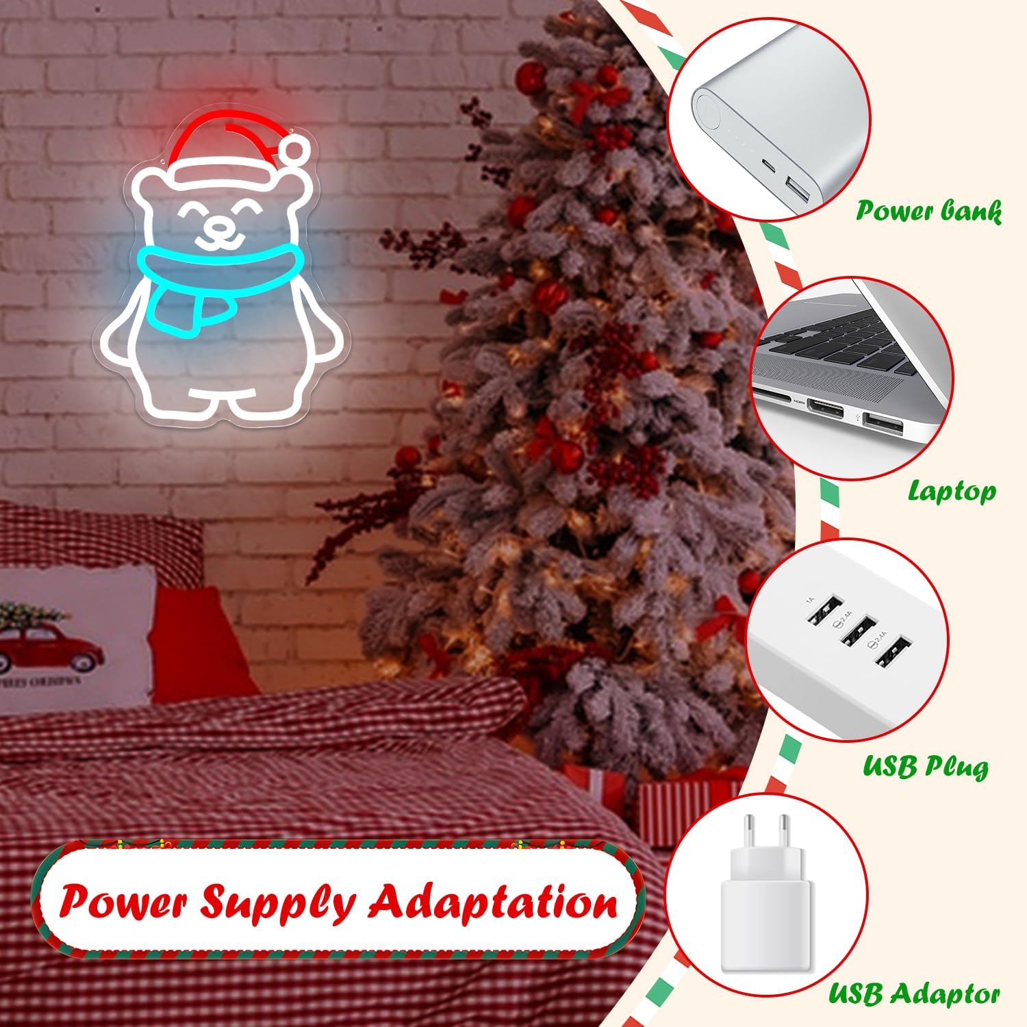 Polar Bear Neon Sign Christmas Neon Light for Bedroom Living Room USB Powered Christmas LED Signs White Bear Light Up Sign for Party Children Kids Room Colorful LED Light Sign Wall Gifts for Kids - Image 6
