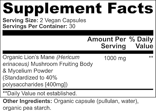 Miniatura 6 de Suplemento de hongo melena de león  400 mg Hericium Erinaceus orgánico con cuerpo fructífero y micelio  40% polisacáridos  60 cápsulas veganas