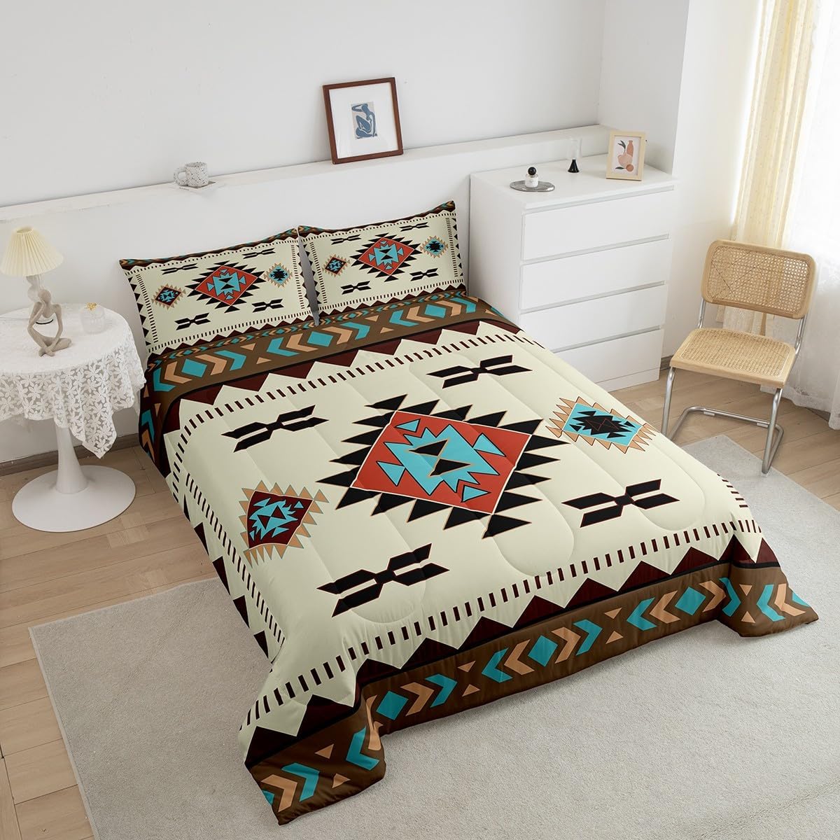 jejeloiu Boho Comforter Set Queen Size Tribal Comforter Set Southwestern Geometric Bedding Set Southwest Native American Design Duvet Set Dark Beige Quilt Set - Image 3