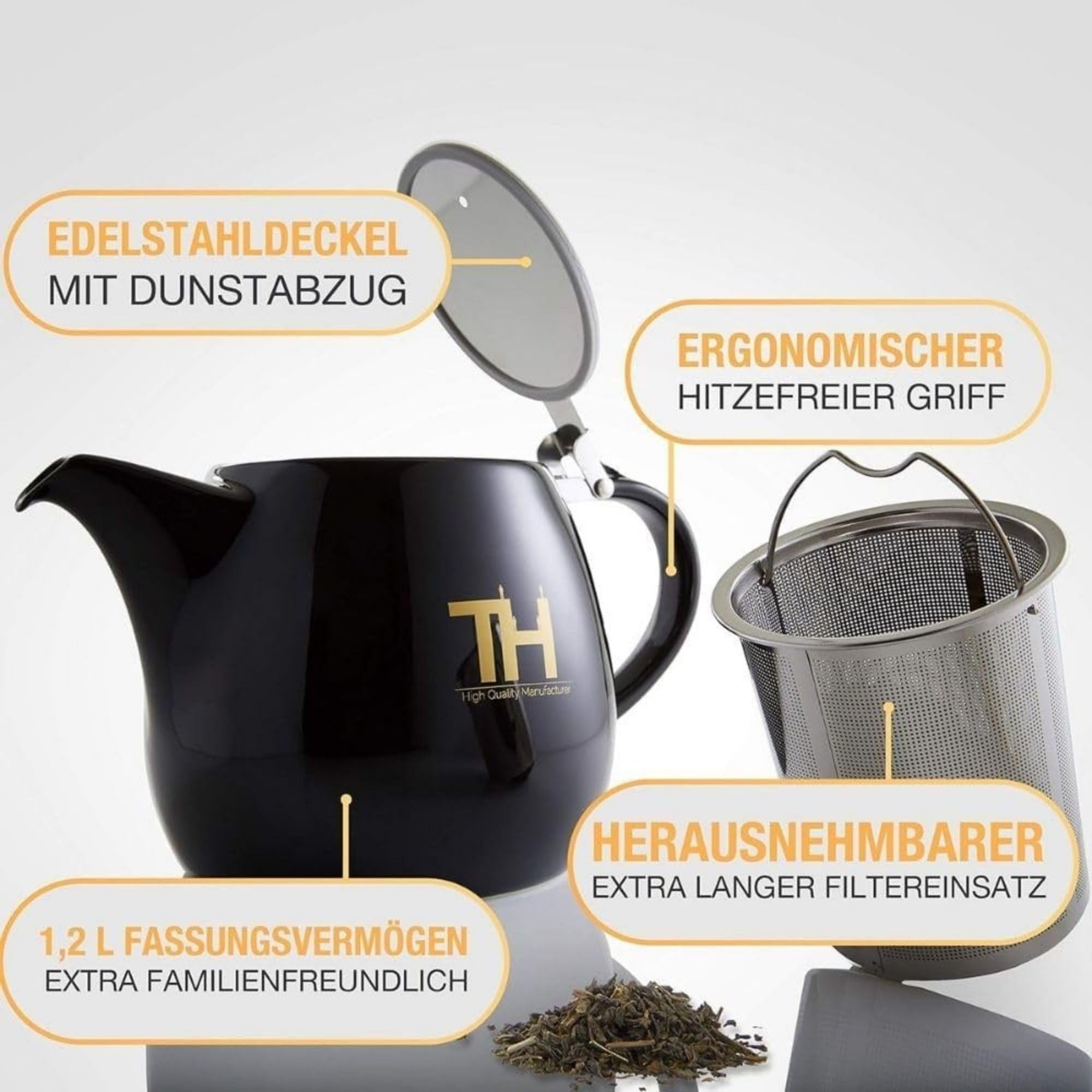 Thiru Design Teekanne mit Edelstahl Siebeinsatz 1,2L - Handgefertigte Premium Teekanne Porzellan Keramik - neuer Deckel - Sieb herausnehmbar - Modell 2023