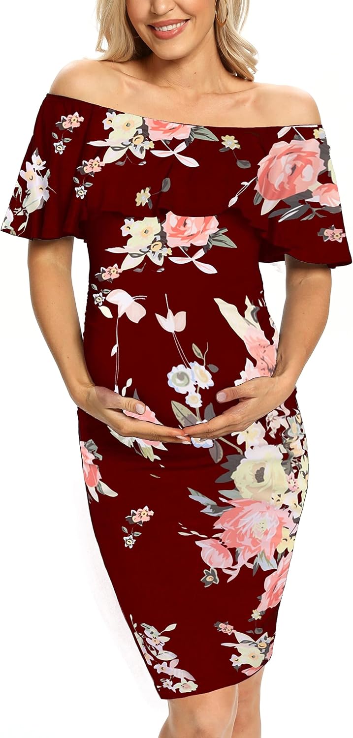 Ruffle Off Shoulder Fitted Maternity Dress, Floral Ruched Side Bodycon Formal Pregnancy Dress for Baby Shower/Photography