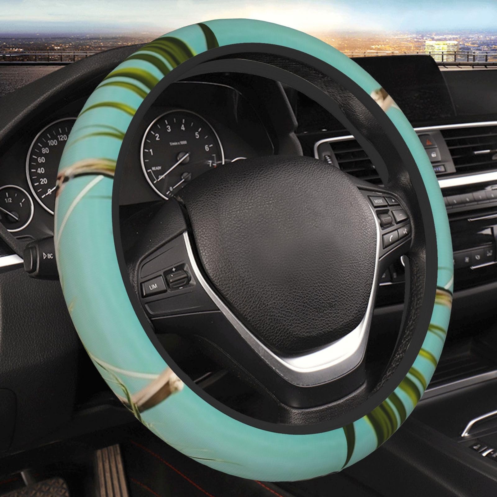 Seaside Boat Coconut Leaves Print Car Steering Wheel Cover 15 Inch Non-Slip Elastic Steering Wheel Protector Cover Universal Car Accessories for Car Truck SUV