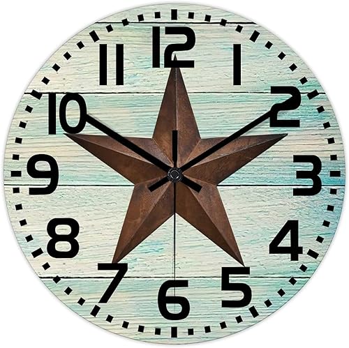 Miniatura 8 de Tollyee Reloj de pared rústico de estilo rústico con estrella del oeste de Texas estilo retro reloj de madera silencioso sin tictac funciona con